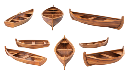 Set of wooden boats isolated on white background