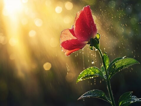 A single pink rose with raindrops, illuminated by sunlight creating a glowing backlight and bokeh effect