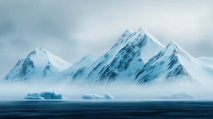  Snowy mountain range with icebergs in the foreground and body of water in the background