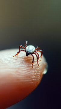 Close-up of a tick crawling on a human fingertip, highlighting the detailed texture of the parasite's body and legs, showcasing its potential to transmit diseases to humans.