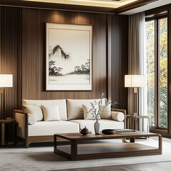 Japanese style modern living room, Japanese living room with wide window, zen style living room, Modern living room with Asian painting hanging, The walls feature wood paneling