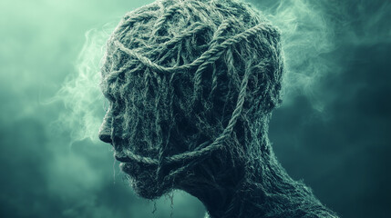  Surreal figure made of tangled ropes, symbolizing mental entanglement and emotional constraint