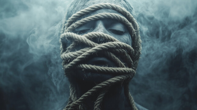 Surreal figure bound with ropes and shrouded in smoke, symbolizing mental and emotional suffocation