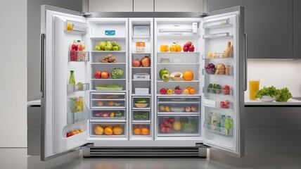 Fully Stocked Refrigerator with Fresh Produce and Beverages Open for Display