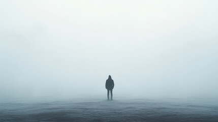 Solitary figure in thick fog, symbolizing emotional numbness and existential uncertainty