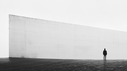 Figure standing before an immense blank wall, symbolizing existential barriers and personal limitations