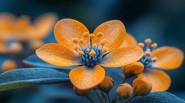 Close-up of orange flower with teal leaves, vibrant colors