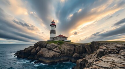 Fototapeta premium A stunning lighthouse stands tall against a backdrop of dramatic clouds and a vibrant sunset, illuminating the rocky coastline and ocean waves. 