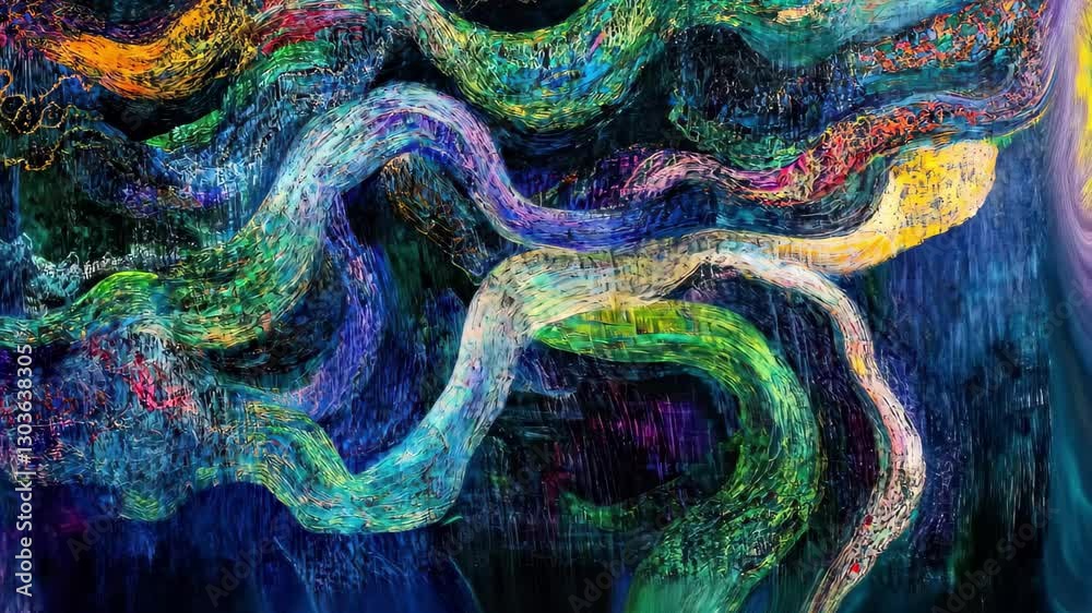 Fototapete Colorful abstract trails intertwine in a vibrant display of dynamic movement and color, Abstract Trails Flow Across Frame