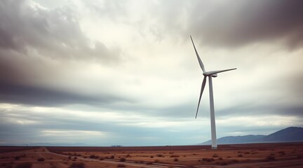 Isolated wind turbine in a vast landscape under a cloudy sky, representing renewable energy and sustainable technology in nature.  