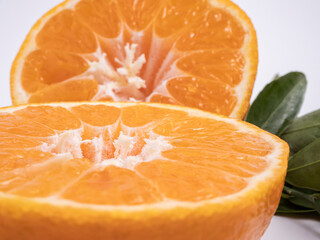 Orange mandarins with green leaves. Close up

