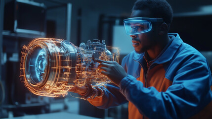 A male engineer wearing an AR headset, interacting with a floating holographic model of an engine 