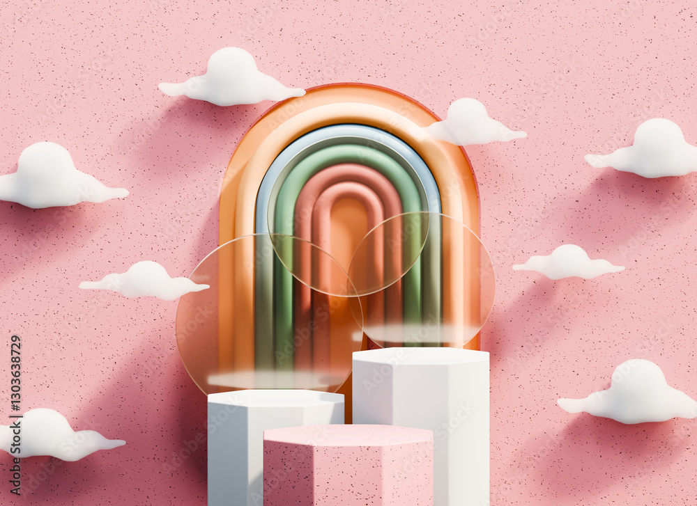 Poster podium minimal for product display showcase with cloud and colorful arc pink background 3d rendering