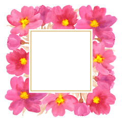 Watercolor pink peonies and sienna ochre leaves illustration square frame border. drawn by hand. Painted drawing isolated background. For print, cards, banner, poster, invitation, gift decor, wedding