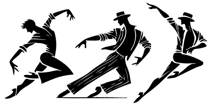 Moonwalk dance silhouette. Black and white male dancers set. Dancer sketch vector. Dynamic dancing people poses illustration.