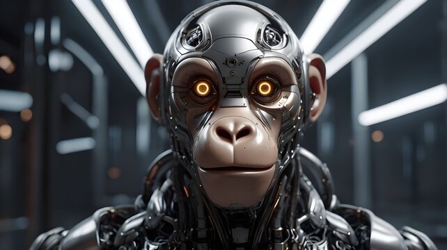 AI GENERATE, A robotic monkey with a sleek metallic design, glowing eyes,