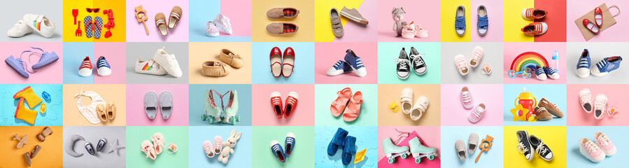 Set of stylish children's clothes with toys and accessories on color background