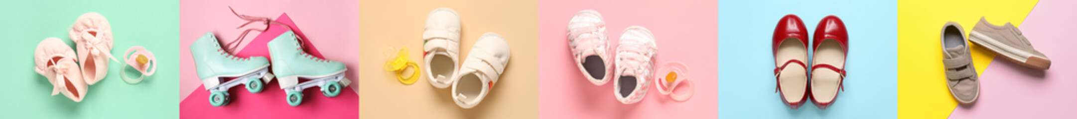 Set of stylish children's clothes with pacifiers and roller skates on color background, top view