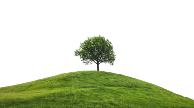 Single tree on a grassy hill isolated on white