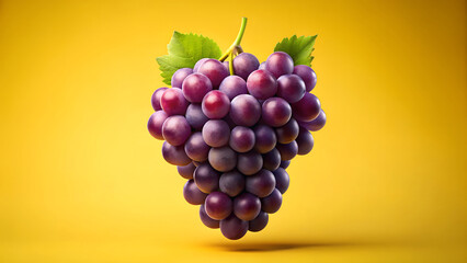 Fresh Purple Grapes with Green Leaf on Vibrant Yellow Background for Healthy Food and Nutrition Concept


