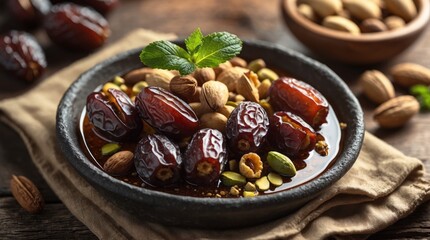 Fototapeta premium A bowl of assorted dried fruits and nuts with fresh mint garnish, perfect for healthy snacking