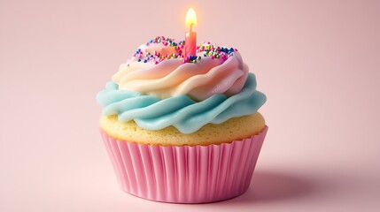 Colorful Cupcake with Sprinkles and Candle on Pink Background