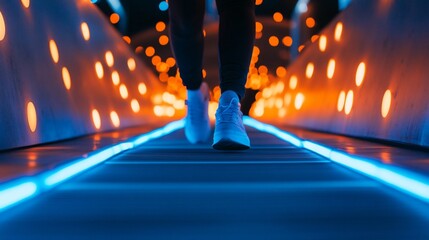 Fototapeta premium A person walking on a brightly lit pathway with glowing lights.