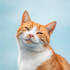 Cheerful Ginger and White Cat with Playful Smug Expression Against Soft Blue Background for Funny and Adorable Pet Portrait

