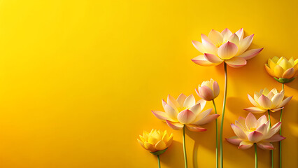 Obraz premium Elegant Pink and Yellow Lotus Flowers Blooming Against Vibrant Yellow Background with Soft Lighting and Minimalist Botanical Composition