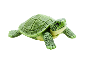 A charming green turtle figurine exploring its surroundings on a bright, clean surface isolated on transparent background