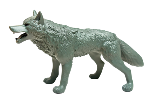 A dynamic gray wolf figurine stands proudly on a white background displaying intricate details isolated on transparent background