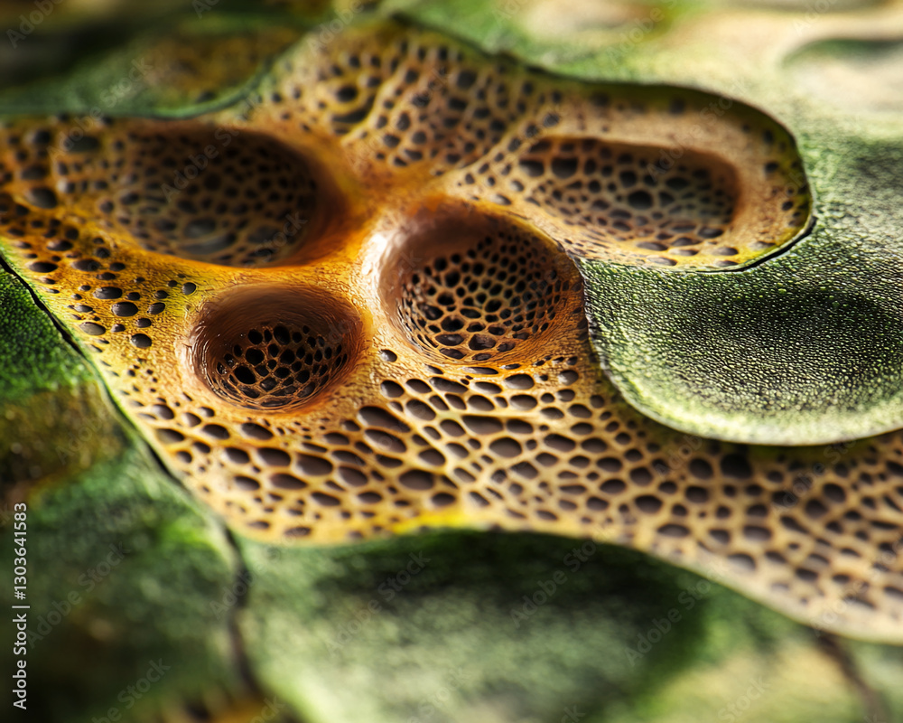 Poster close-up view of a detailed leaf surface with intricate holes and cellular structures, showcasing th