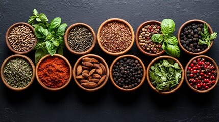 Assorted spices in wooden bowls on dark stone surface with fresh herbs