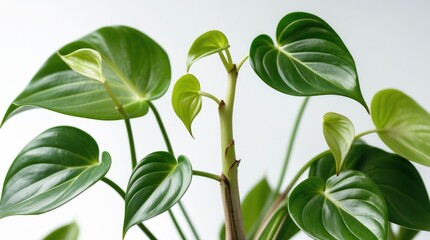 Fototapeta premium Lush Green Foliage with Heart-Shaped Leaves on a White Background, Ideal for Botanical and Natu