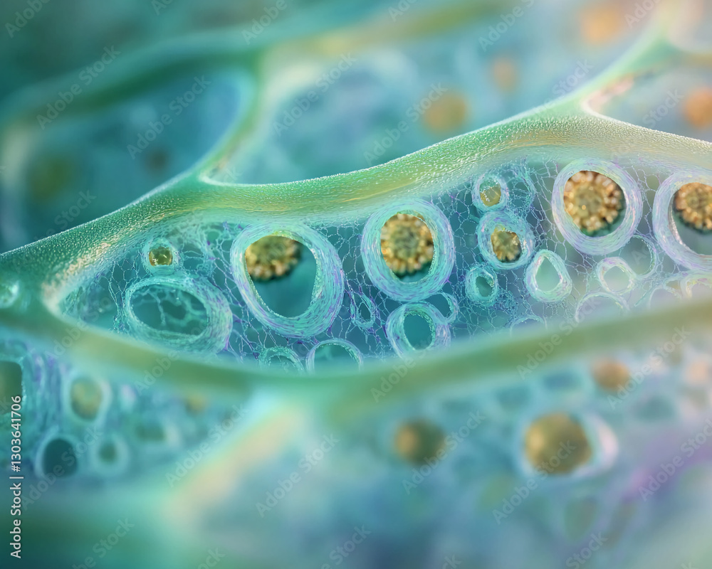 Poster close-up image of leaf structure showcasing intricate biological cells and pores, symbolizing natura