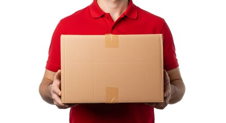Man in Red Holding Cardboard Box Package Ready for Delivery