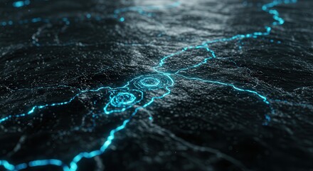 Abstract Topographic Terrain with Electric Blue River System and Concentric Circles
