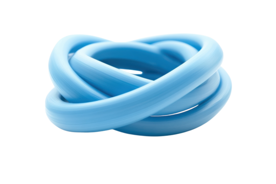 A playful arrangement of intertwined blue rubber bands resting on a clean white surface isolated on transparent background