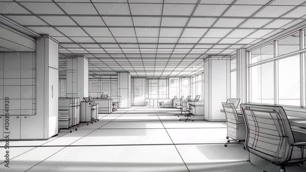 Poster data processing diagrams displayed in an empty office environment with modern design elements, data 