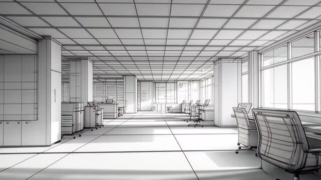Data processing diagrams displayed in an empty office environment with modern design elements, data processing and diagrams over empty office