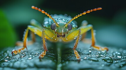 Fototapeta premium Close-up macro of a colorful beetle on a dewy leaf