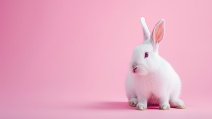 Obraz premium White rabbit pick up on a light pink background