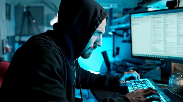 Cyber Hacker in Dark Room Typing on Keyboard. V&iacute;deo. Horizontal.