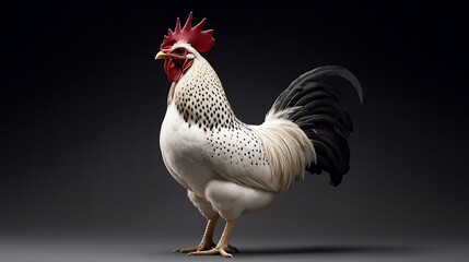 A proud rooster stands upright, showcasing its vibrant feathers and distinctive comb.