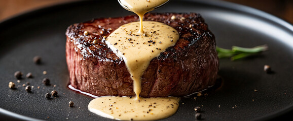 Close-up of a juicy grilled steak topped with creamy sauce, pepper, and herbs on a black plate, showcasing a delicious gourmet meal, perfect for fine dining.