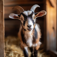 Curious Young Goat in a Rustic Barn