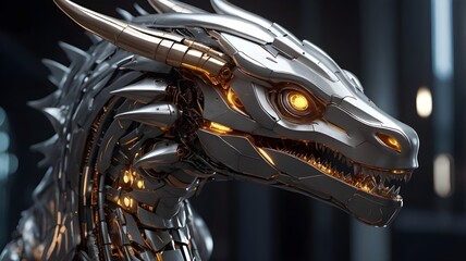 AI GENERATE, A robotic dragon with a sleek metallic design, glowing eyes,