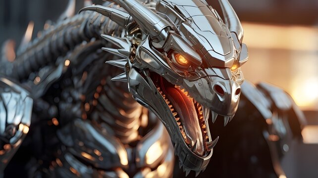 AI GENERATE, A robotic dragon with a sleek metallic design, glowing eyes,