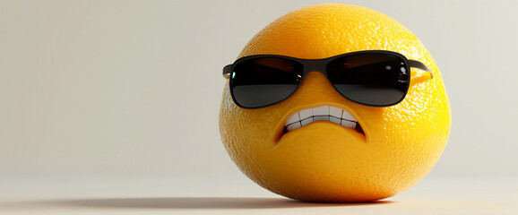 A funny and playful image of a lemon wearing sunglasses with a humorous facial expression, symbolizing a quirky and lighthearted approach to fruit photography.