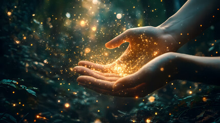 Cosmic energy in hands. Wonderment - Forest. Illustration